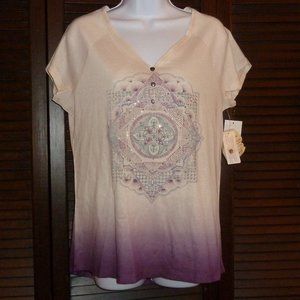 One World Ivory & Purple Mandala Print Top, S, Nwt